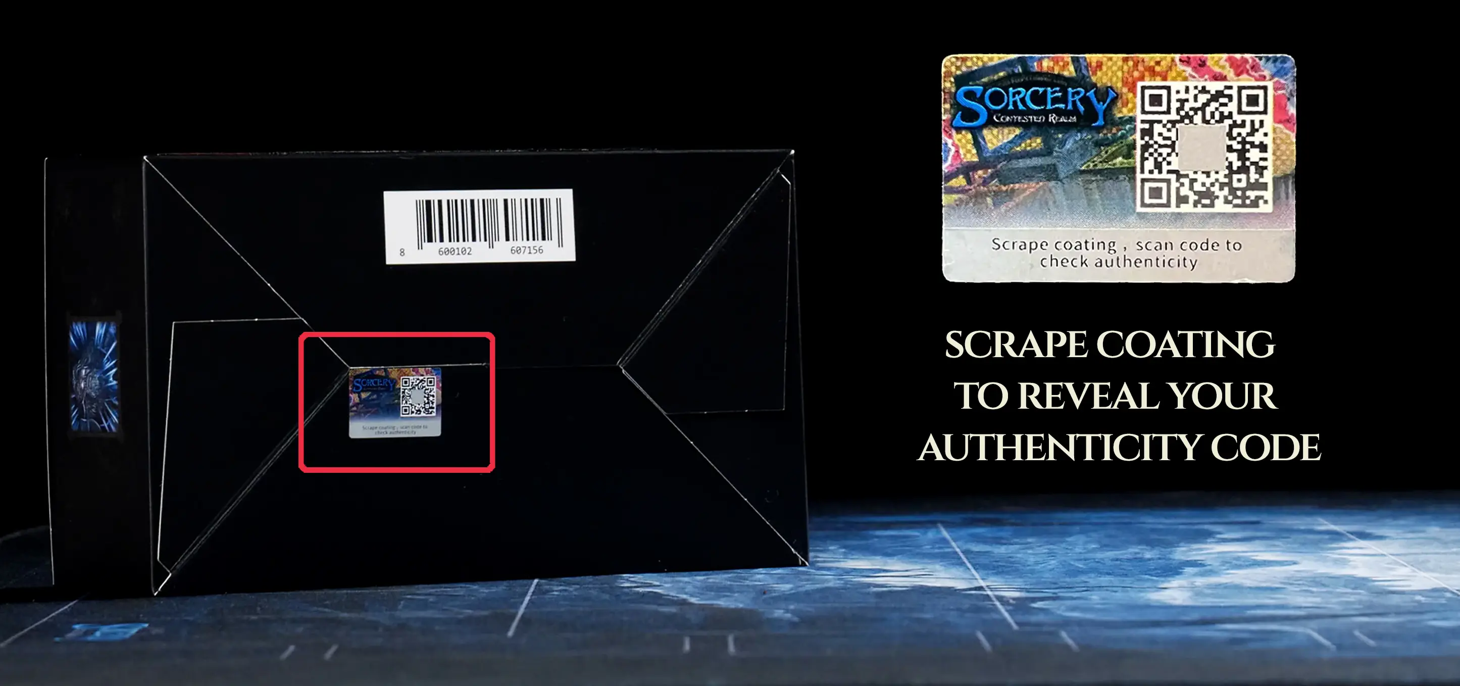The authentication code beneath a Sorcery booster box